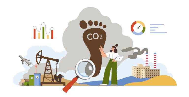 Flat woman analyzes ways to reduce co2 emissions and climate impact from factories